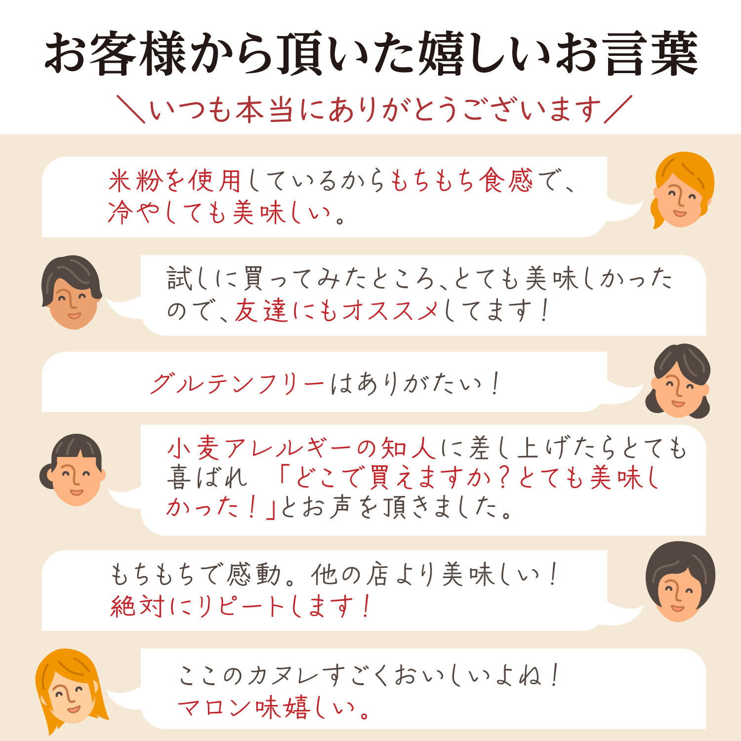 お客様から頂いた嬉しいお言葉「米粉を使用しているからもちもち食感で、冷やしても美味しい。」石窯カヌレ